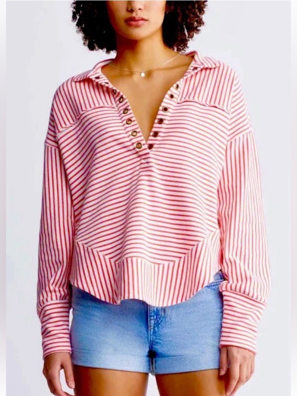 Anthropologie Pullover Quarter V-Neck Shirt Oversized Small Red Stripes Pilcro - Picture 11 of 12